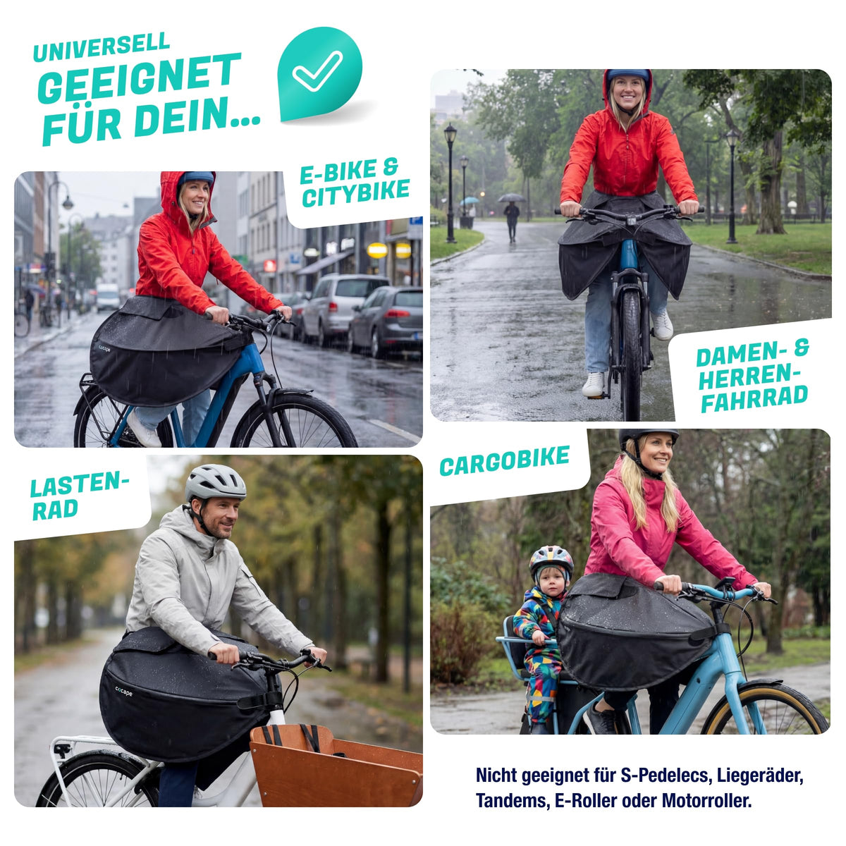 cocape passt an E-Bike, Citybike, Lastenrad und Cargobike (Symbolbilder, KI-generiert)