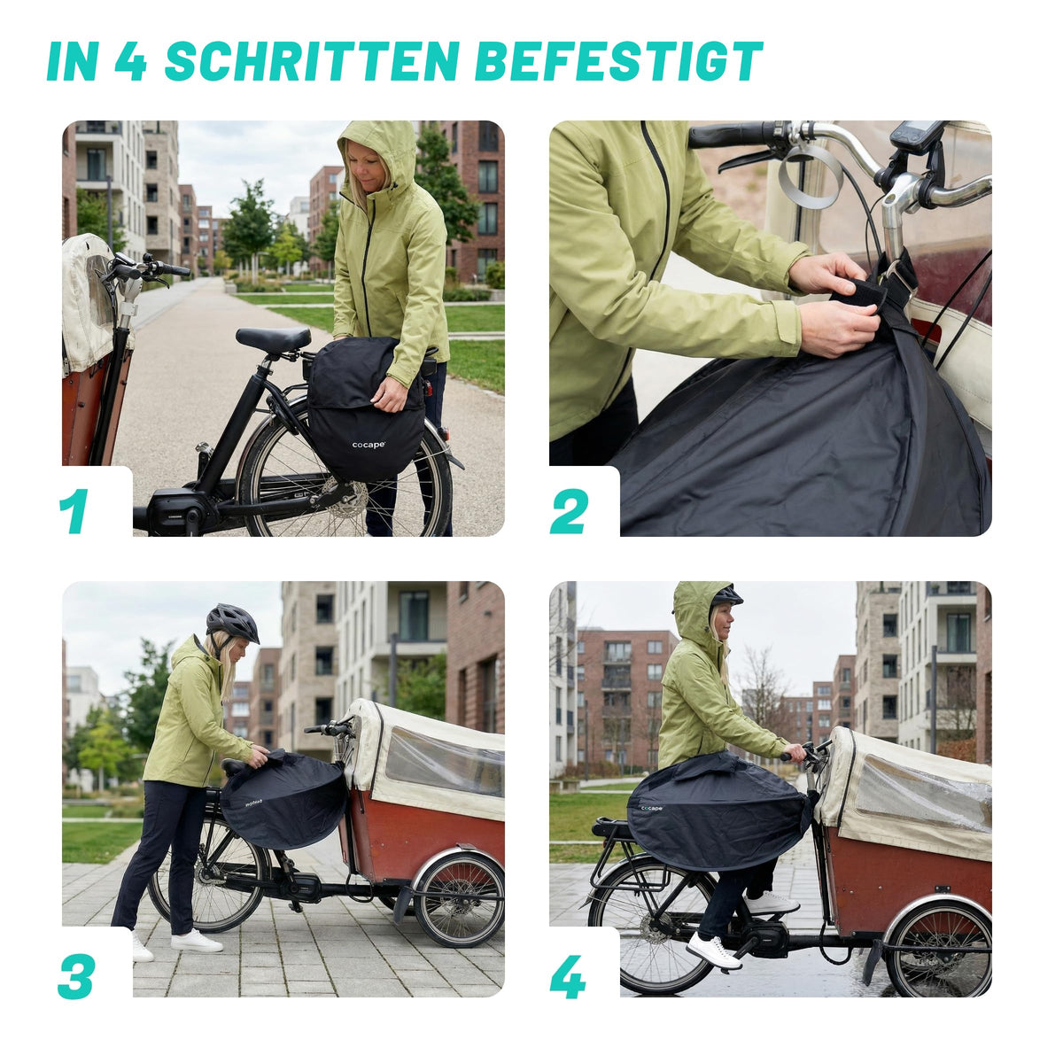 cocape in vier Schritten am Lastenrad befestigen (Symbolbilder, KI-generiert)